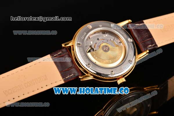 Vacheron Constantin Patrimony Tourbillon Swiss ETA 2824 Automatic Yellow Gold Case with Diamonds Markers Brown Leather Strap and White Dial - Click Image to Close